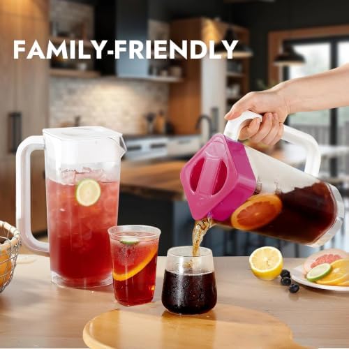 CURTA 4 Pack 2L/68 oz Plastic Pitcher with Lid & Handle, Large Capacity Water Jug with Measurement Marks, Clear Fridge Pitcher for Iced Tea, Juice, Lemonade & Cold Beverages