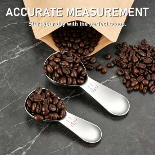 2 Pack Silver Coffee Scoop Set, 1 & 2 Tbsp Stainless Steel for Coffee
