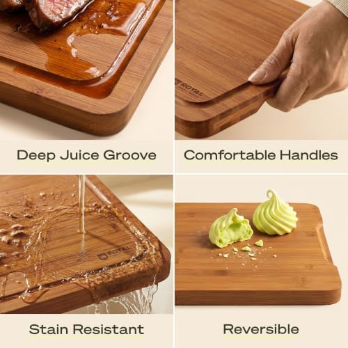 ROYAL CRAFT WOOD Wooden Cutting Boards for Kitchen Meal Prep & Serving - Bamboo Non Toxic Cutting Board Set with Deep Juice Groove Side Handles - Charcuterie & Chopping Butcher Block for Meat (3 Pcs)