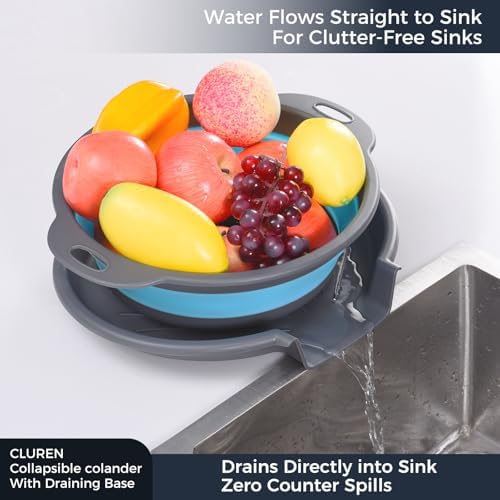Collapsible Colander Set with Oversized Draining Tray | 3-Pack Foldable Kitchen Strainers + Base | Space Saving for Pasta, Veggies, Fruit & Rice | 5 Colors (Gray-Blue)