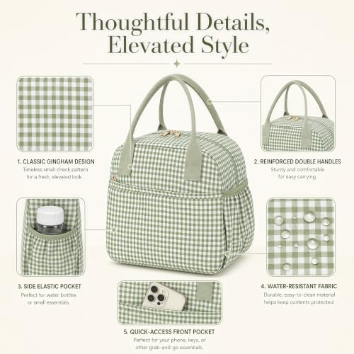 CAMTOP Lunch Box for Women Men Insulated Lunch Bag Lunch Tote Bag Leakproof Thermal Cooler Large Capacity for Travel Work School Picnic (Sage Green Check, Medium)