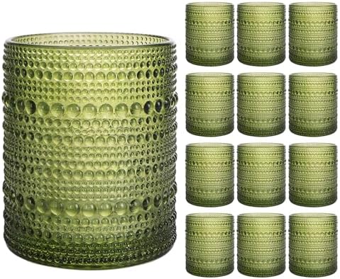 Moretoes 12 Pack 10 Oz Green Vintage Hobnail Drinking Glasses Set