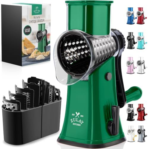 Rotary Cheese Grater Manual Hand Crank 5 Blade Shredder, Green & Black
