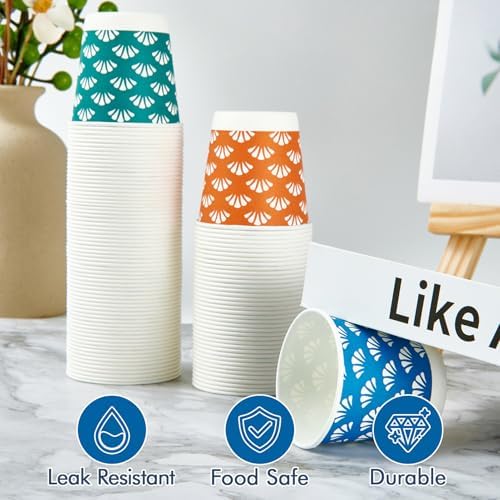 JollyPack 1200 Pack 3 oz Disposable Bathroom Paper Cups, Small Mouthwash Cups in Orange, Blue, and Green, Great for Candy, Biscuits, Bathroom Use, Parties, Picnics, and Travel