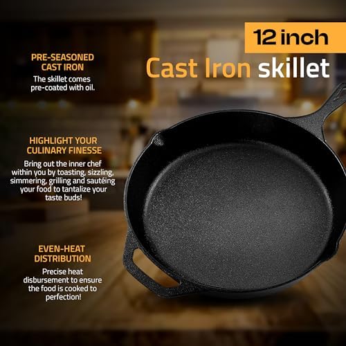 Utopia Kitchen Cast Iron Skillet 12 Inch Pre-Seasoned PFAS-Free Black