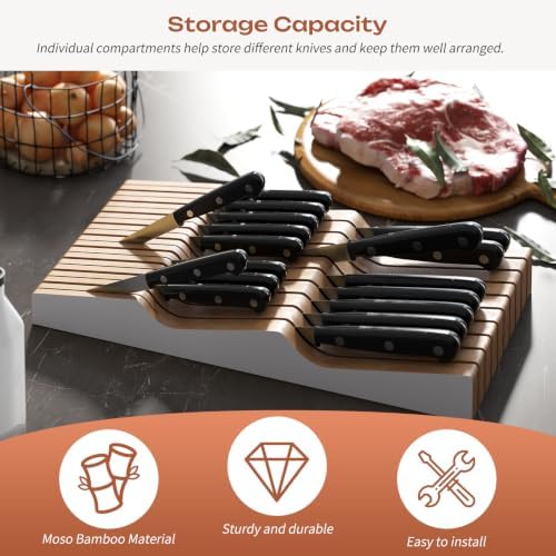 In-Drawer Knife Block Organizer - Bamboo Wood Drawer Knife Organizer-Protecting Knife Organizer Block (Not Included) (White, 19 Knives Dock)