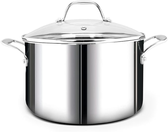 HOMICHEF Mirror Polished NICKEL FREE Stainless Steel 7 QT(Quart) Stock Pot with Glass Lid (No Toxic Non Stick Coating, Whole-Clad 3-Ply) - Triply Stainless Steel Pots and Pans - Soup Pots with Lids