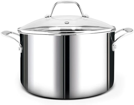HOMICHEF Mirror Polished NICKEL FREE Stainless Steel 7 QT(Quart) Stock Pot with Glass Lid (No Toxic Non Stick Coating, Whole-Clad 3-Ply) - Triply Stainless Steel Pots and Pans - Soup Pots with Lids