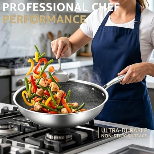 Inqibee 10.5 Inch Hybrid Stainless Steel Wok Pan with Lid, Ceramic Coating