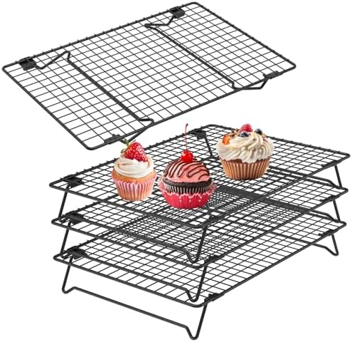 4 Pack Cookie Cooling Racks for Baking Stackable 4-Tier 13.4 x 9.4 Inch Wire Rack, Heavy Duty Baking Rack for Cookies, Cakes, Roasting, Drying, Black, Gifts for Baking Must Haves