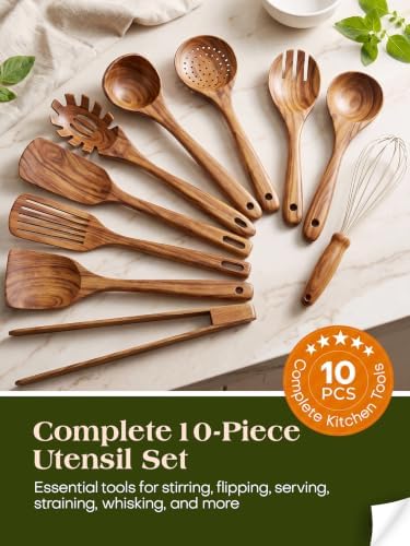 AIUHI 10Pcs Wooden Kitchen Utensils, Teak Wood Utensil Set for Kitchen, Heat-resistant Wooden Spoons for Cooking, Nonstick Wood Spatula Soup Ladle Tong Egg Whisk