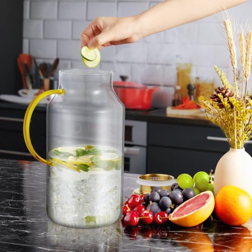 Bivvclaz 1 Gallon Gold Glass Pitcher with Lid and Handle, Water Pitcher for Fridge, Glass Carafe for Hot/Cold Water, Large Iced Tea Jug for Coffee, Juice and Homemade Beverage