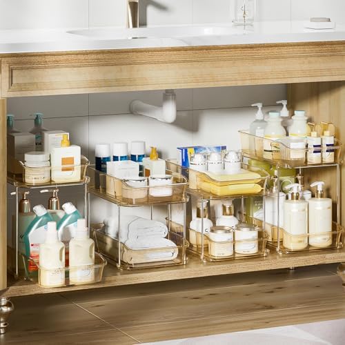 Delamu 2-Tier Under Sink Organizers and Storage, Multi-Purpose Stackable Bathroom Cabinet organizers, Pull Out Kitchen Pantry Organization and Storage with Dividers(4 Pack, Amber)