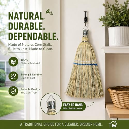 Hand Whisk Broom Corn Straw Broom with Hang Hole for Indoor Outdoor