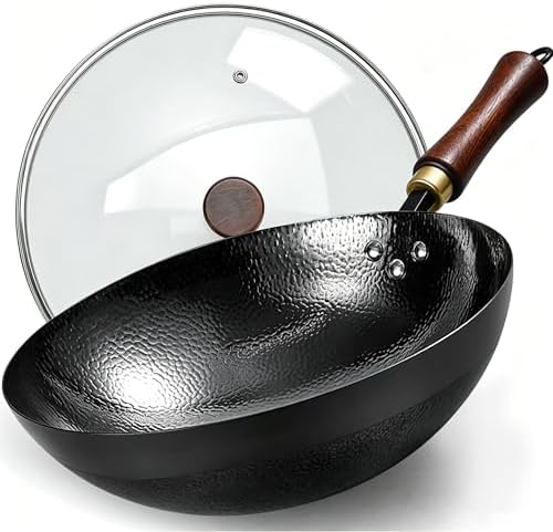 Carbon Steel Wok Pan, 12.6-Inch Nonstick Pre-Seasoned Woks & Stir-Fry Pans with Glass Lid, No Chemical Coated Wok Round Bottom Hand Hammered Chinese Wok for Gas Stoves