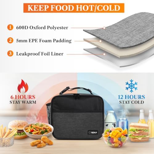 opux Insulated Lunch Bag for Kids, Reusable Lunch Box for School, Charcoal