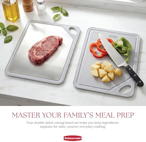 Rubbermaid Stainless Steel Cutting Board, Dishwasher Safe Double Sided Cutting Boards for Kitchen | BPA Free Non Toxic Chopping Board for Meat, Veggies & Fruits | Wheat Fiber & Steel Cutting Board