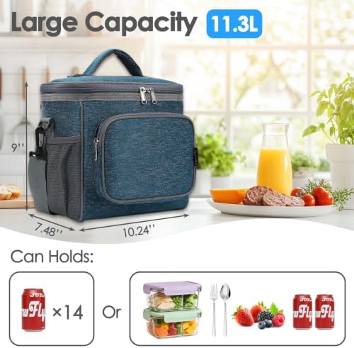 FlowFly Insulated Reusable Lunch Bag Adult Large Lunch Box for Women and Men with Adjustable Shoulder Strap,Front Zipper Pocket and Dual Large Mesh Side Pockets,Royal