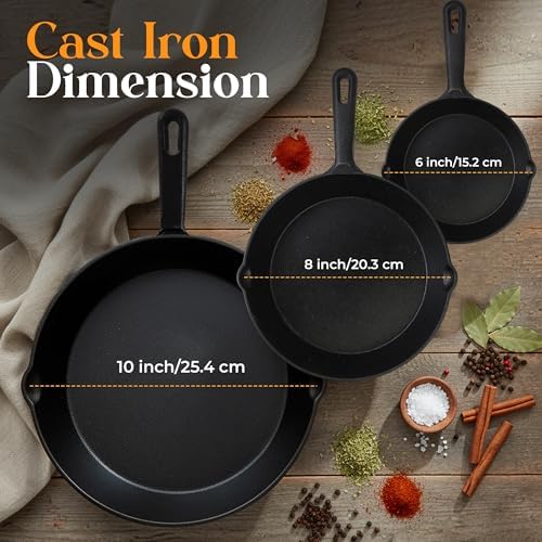 Utopia Kitchen Cast Iron Skillet Set 3 Piece 6 8 10 Inch PFAS-Free Black