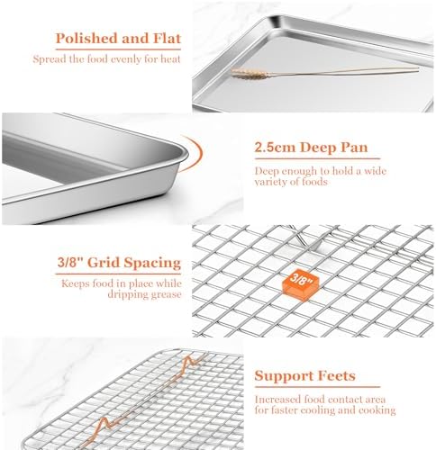 Quarter Sheet Pan with Cooling Rack, Leonyo 1/4 Cookie Sheets for Baking, Wire Rack for Cooking, Nonstick & Stainless Steel Baking Tray for Toaster Oven, Bacon - Size 12.5"x 9.7", 2 Trays + 2 Racks