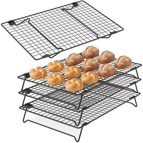 4 Pack Cooling Racks for Cooking and Baking, 17 x 11 Inch 4-Tier Stackable Cookie Cooling Rack Tall Baking Racks, Carbon Steel Roasting Wire Rack for Baking, Grilling Making Jerky (Black)