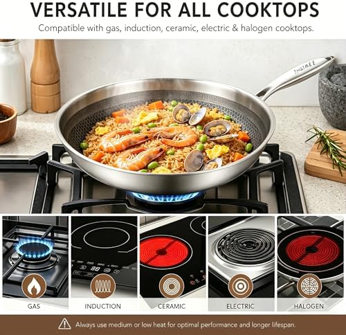 Inqibee 12.5 Inch Hybrid Stainless Steel Wok Pan with Lid, Ceramic Coating