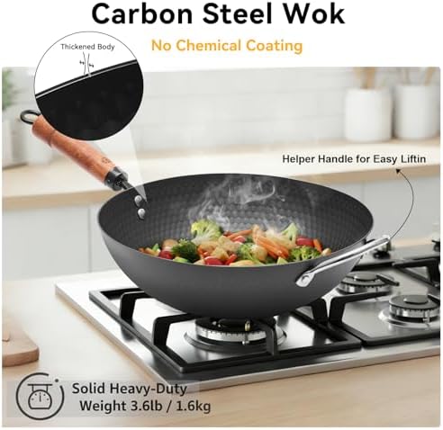 WANGYUANJI Carbon Steel Wok with Lid, 12.6" Hammered Stir Fry Pan with Helper Handle & Iron Spatula, Thickened Heavy Duty Flat Bottom Wok for Induction, Electric & Gas Stoves, Metal Utensil Safe
