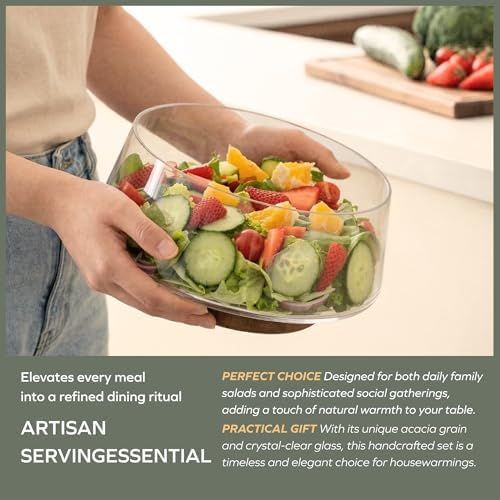 muso wood Salad Bowl Set Large-capacity with Acacia Wood Base