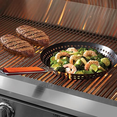 12" Non-Stick Grilling Skillet with Removable Handle - Large Grill Pan & Deep Fryer Strainer Basket for Seafood & Vegetables - Indoor & Outdoor BBQ Grill & Restaurant Use by Mr. Bar-B-Q 06750X