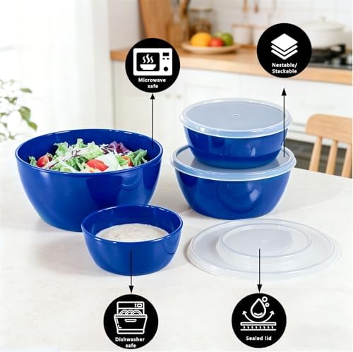 4-Piece Classic Plastic Prep Bowls with Lids, Nesting Plastic Small Mixing Bowl Set for Mixing, Baking, Prepping, Cooking and Serving Food, Microwave and Dishwasher Safe (Blue)