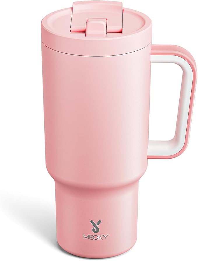 Meoky 32 oz Tumbler with Handle and Flip Straw, 100% Leakproof Tumbler with Lid and Straw, Stainless Steel Insulated Cup, Cupholder Friendly, Keeps Cold for 24 Hours (Blush)