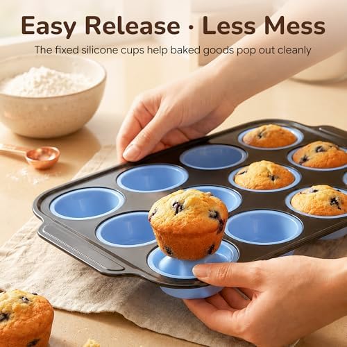 Silicone Muffin Pans for Baking, 12-Cup Muffin Tin with Metal Frame