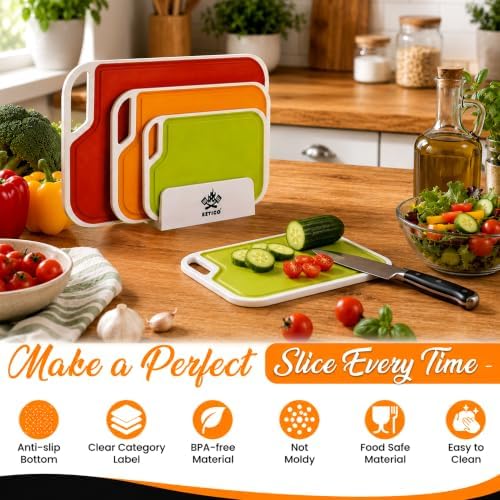 Large Cutting Board 17.5" x 12" Set of 3 with Storage Stand – Extra Large BPA Free Plastic Cutting Boards for Kitchen – Non Slip Chopping Boards with Juice Groove & Easy Grip Handles – Dishwasher Safe