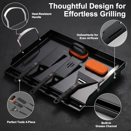 Uniflasy 17 x 13 in Cast Iron Griddle for Gas Grill, Nano Ceramic Nonstick Flat Top Grill Plate with 5-Piece Tool Kit, Grease Groove, High Sidewalls, Handles, for Charcoal, Stove Top, Camping