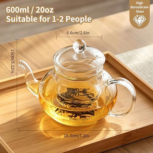 Glass Teapot with Removable Infuser, 20 oz/600ml Glass Tea Pot Small Borosilicate Tea Steeper Kettle with Loose Leaf Tea Strainer For Flower Blooming Tea, ClearTea Maker Pitcher