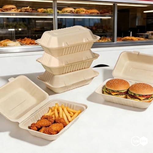 Turbo Bee 75 Pack Natural Compostable Take Out Containers, 9x6 Disposable Clamshell Food Containers with Lids, To Go Boxes for Food Truck, BBQ, Meal Prep & Catering
