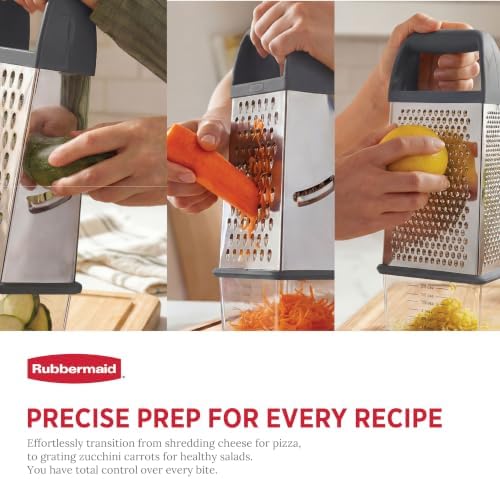 Rubbermaid EZ Grip Box Grater, Stainless Steel Cheese Grater & Container - BPA Free Multi-Surface Cheese Shredder & Food Grater for all Vegetables | Graters for Kitchen -Non-Slip Base, Dishwasher Safe