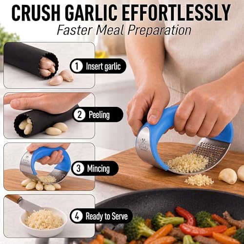 Zulay Kitchen Stainless Steel Garlic Press Rocker Set - Premium Garlic Mincer Garlic Crusher - New Innovative Garlic Crusher with Peeler and Scraper - Comfortable Grip (Blue)