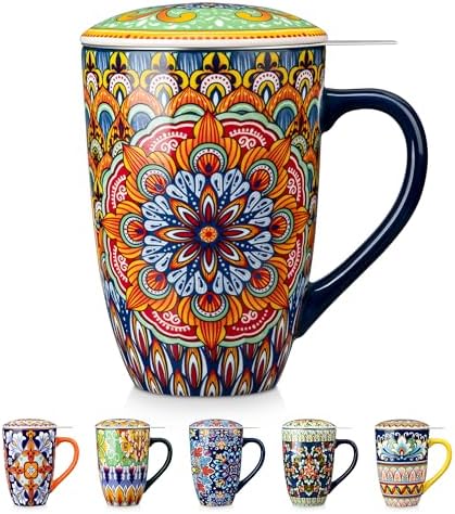 vancasso Ceramic Tea Mug with Infuser and Lid, 18 Ounce Bohemian Loose Leaf Cup, Microwave & Dishwasher Safe, Perfect for Tea, Coffee, Burnt-Cobalt Mandala
