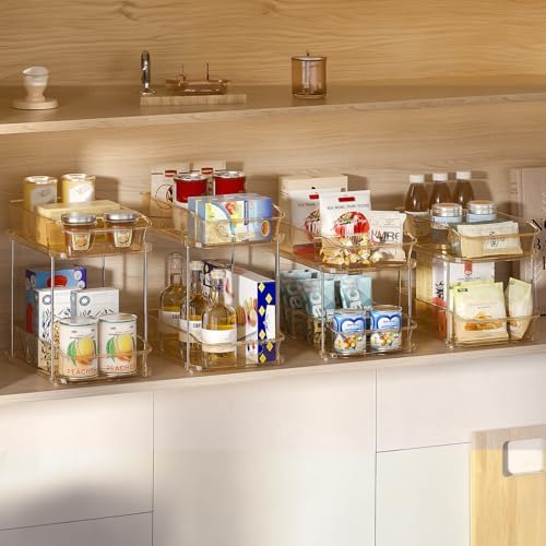 Delamu 2-Tier Under Sink Organizers and Storage, Multi-Purpose Stackable Bathroom Cabinet organizers, Pull Out Kitchen Pantry Organization and Storage with Dividers(2 Pack, Amber)