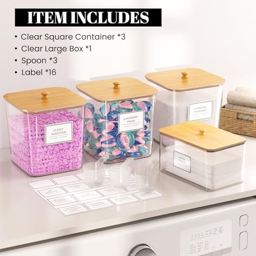 HomePekite Laundry Pods Storage Container, Clear Acrylic Laundry Room Organization and Storage ,Detergent Powder Container,with Wooden Lids & Labels, 3+1 Pack