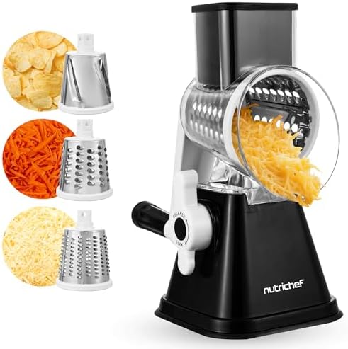 Nutrichef 3 in 1 Cheese Grater & Shredder | Strong Suction Base, Rotary Handle with Safety Lock | Includes Hand Crank & 3 Drum Blades for 3 Textures, Fine, Medium & Strips | Black