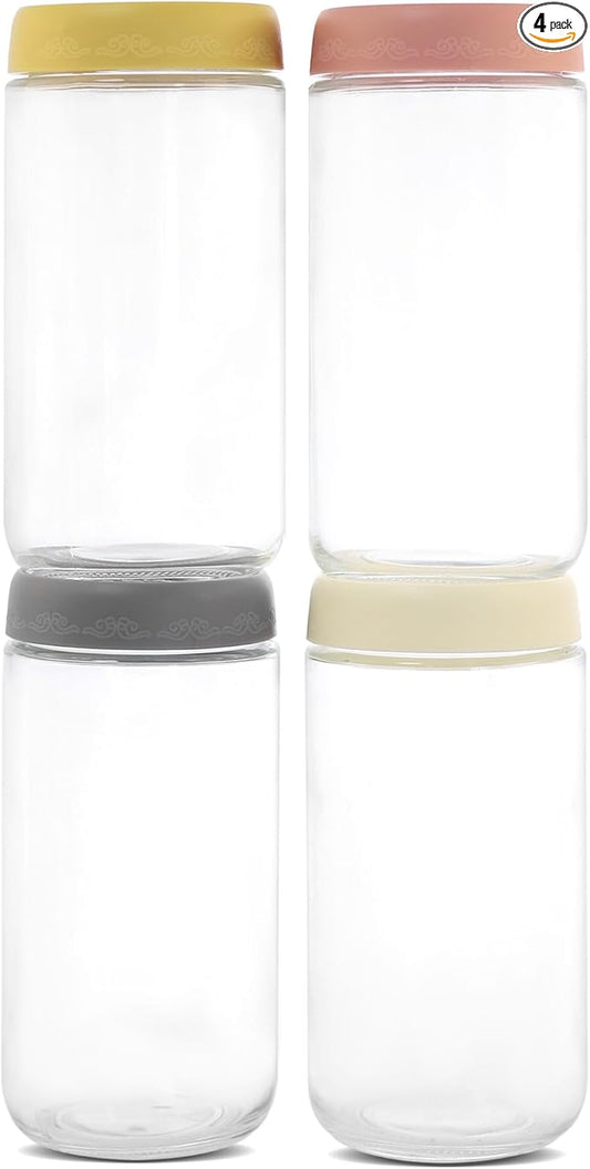 24 OZ Overnight Oats Jars with Lids 4 Pack, Glass Meal Prep Containers, Reusable Food Storage Jars, Airtight Mason Jars for Breakfast, Yogurt Parfait, Salad, Smoothies(4-2)