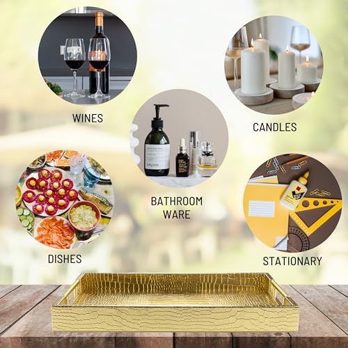 ATZYmolin 17"x12" Leather Serving Tray, Gold Handle Vanity Platter, Gold
