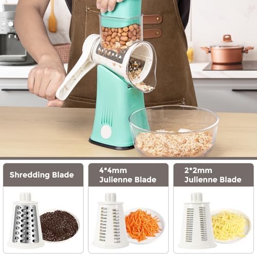 X Home 5‑in‑1 Rotary Cheese Grater for Kitchen, Blue | Upgraded Hand Crank; Stronger Suction Base, Multifunctional Drum Blades; for Cheese, Vegetables, Nuts; Easy to Use and Clean