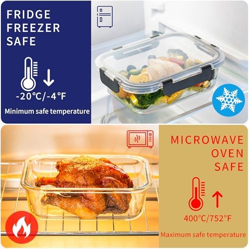 MFY 12-Pack Glass Storage Containers with Lids, Glass Meal Prep Containers Set, Airtight Lunch Containers with Lids, Microwave, Oven, Freezer and Dishwasher Safe, Gray