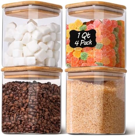 Glass Pantry Storage Containers with Bamboo Lids 1Qt 4 Pack Square