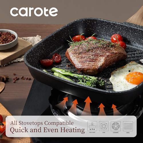 CAROTE 11 Inch Nonstick Grill Pan for Steak, Premium Granite Coating