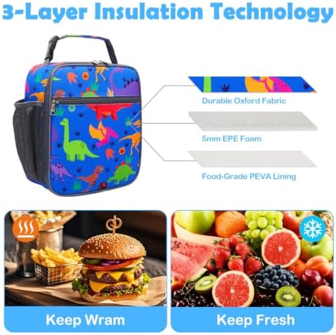 FlowFly Kids Lunch box Insulated Soft Bag Mini Cooler Back to School Thermal Meal Tote Kit for Girls, Boys, Dinosaur