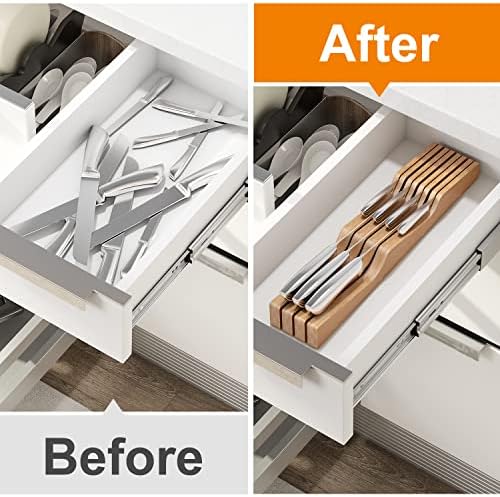 In-Drawer Knife Block Organizer - Bamboo Wood Drawer Knife Organizer-Protecting Knife Organizer Block (Not Included) (Natural, 7 Knives Dock)
